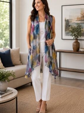 Kozan Bora Mesh Duster Vest NWT Large/1X Abstract Art Print Pockets